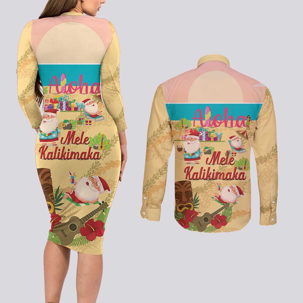 Aloha Hawaii Mele Kalikimaka Couples Matching Long Sleeve Bodycon Dress and Long Sleeve Button Shirt Beachy Funny Santa Hawaiian Lei - Polynesian Pride