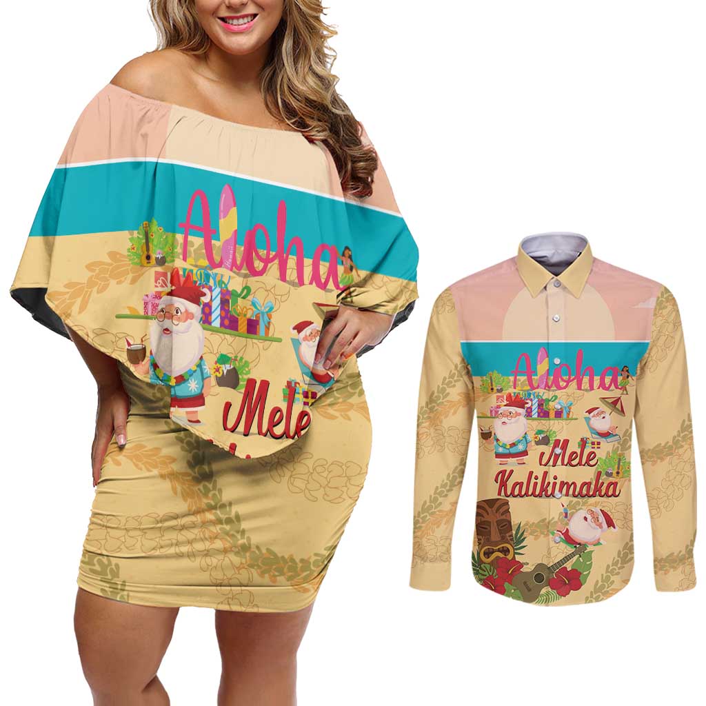 Aloha Hawaii Mele Kalikimaka Couples Matching Off Shoulder Short Dress and Long Sleeve Button Shirt Beachy Funny Santa Hawaiian Lei - Polynesian Pride
