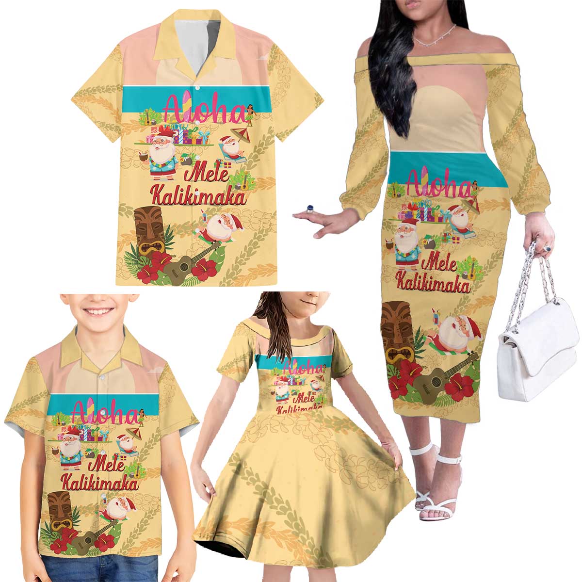 Aloha Hawaii Mele Kalikimaka Family Matching Off The Shoulder Long Sleeve Dress and Hawaiian Shirt Beachy Funny Santa Hawaiian Lei - Polynesian Pride