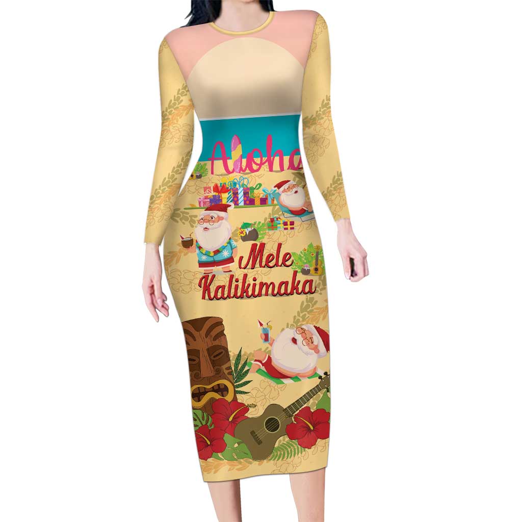 Aloha Hawaii Mele Kalikimaka Long Sleeve Bodycon Dress Beachy Funny Santa Hawaiian Lei - Polynesian Pride