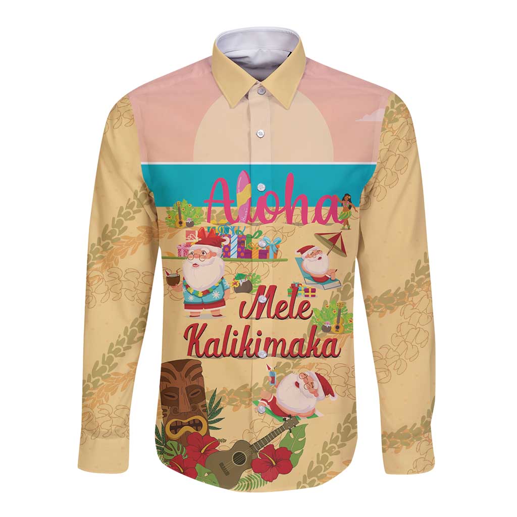 Aloha Hawaii Mele Kalikimaka Long Sleeve Button Shirt Beachy Funny Santa Hawaiian Lei - Polynesian Pride