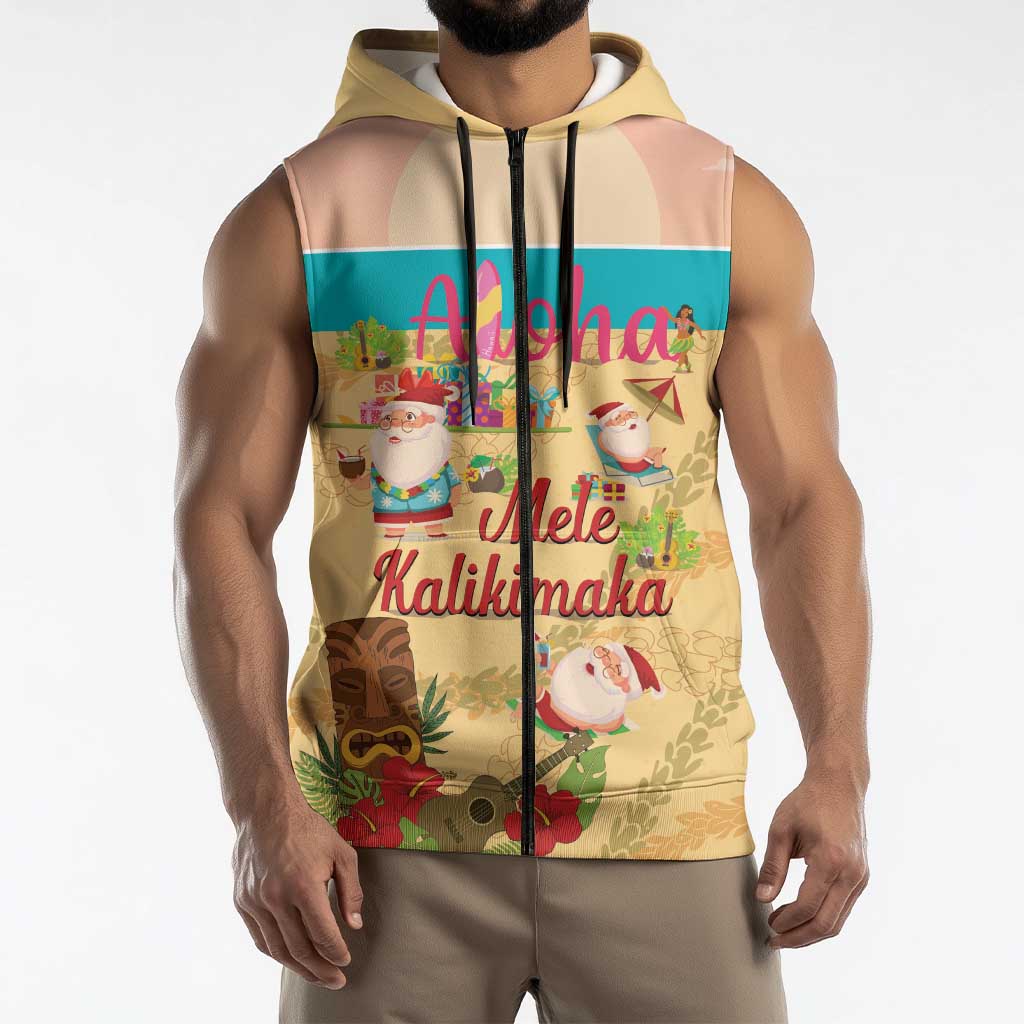 Aloha Hawaii Mele Kalikimaka Sleeveless Zip Hoodie Beachy Funny Santa Hawaiian Lei LT14