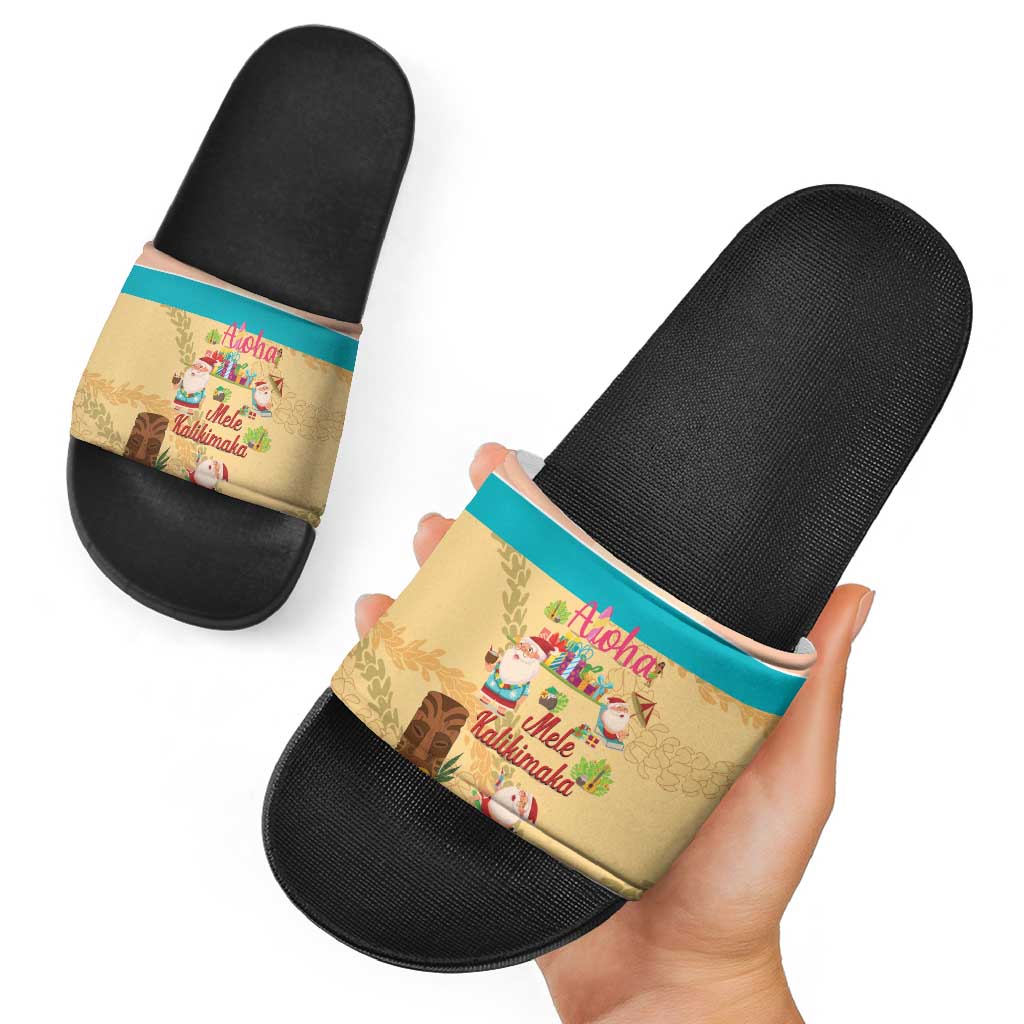 Aloha Hawaii Mele Kalikimaka Slide Sandals Beachy Funny Santa Hawaiian Lei - Polynesian Pride