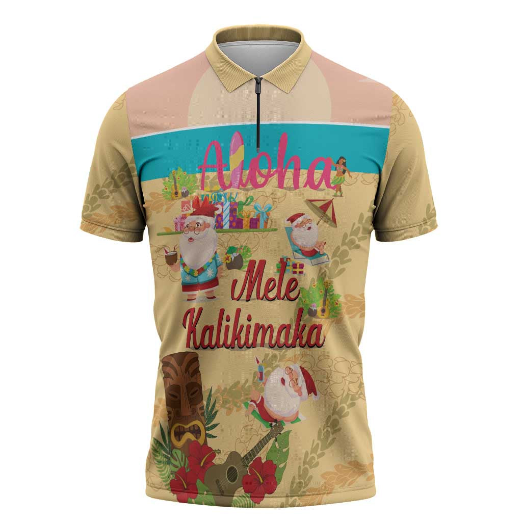 Aloha Hawaii Mele Kalikimaka Zipper Polo Shirt Beachy Funny Santa Hawaiian Lei - Polynesian Pride