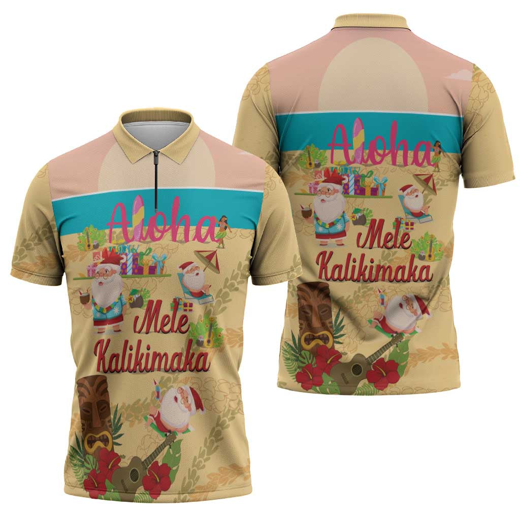 Aloha Hawaii Mele Kalikimaka Zipper Polo Shirt Beachy Funny Santa Hawaiian Lei - Polynesian Pride