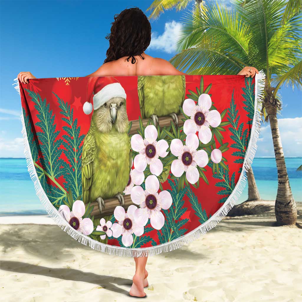 New Zealand Kakapo Christmas Beach Blanket Owl Parrot Santa Sliver Fern Manuka - Red - Polynesian Pride