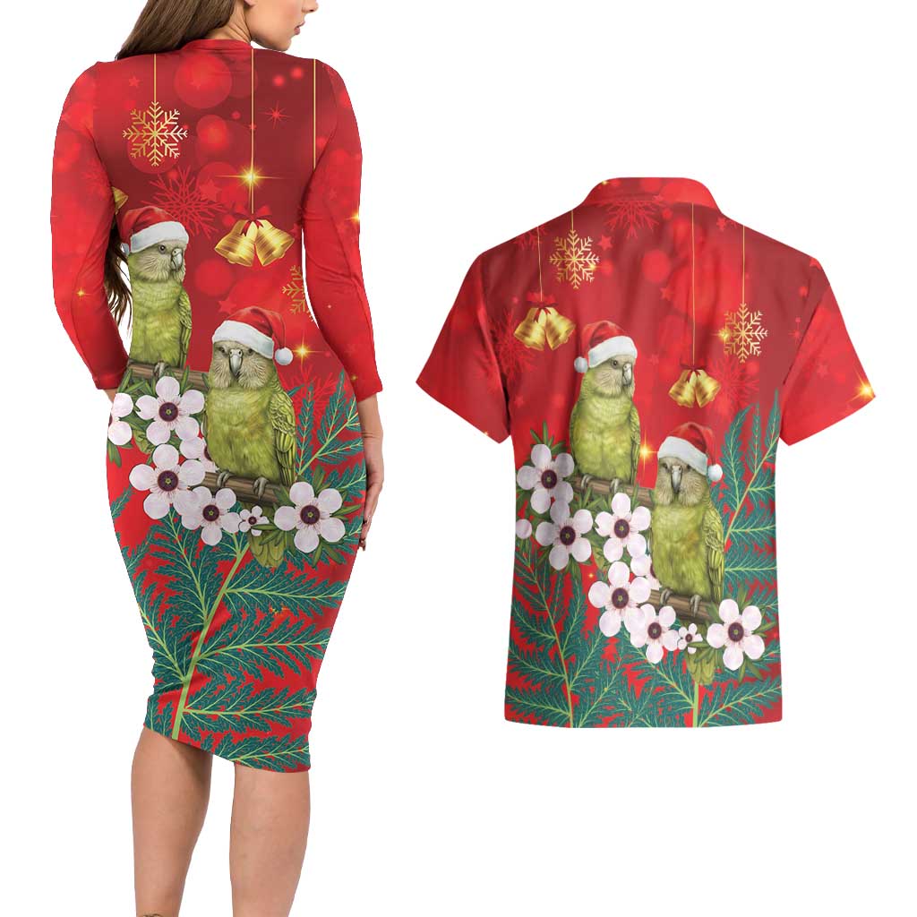 New Zealand Kakapo Christmas Couples Matching Long Sleeve Bodycon Dress and Hawaiian Shirt Owl Parrot Santa Sliver Fern Manuka - Red - Polynesian Pride
