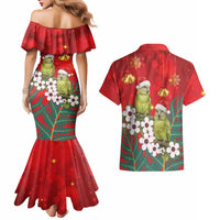 New Zealand Kakapo Christmas Couples Matching Mermaid Dress and Hawaiian Shirt Owl Parrot Santa Sliver Fern Manuka - Red - Polynesian Pride