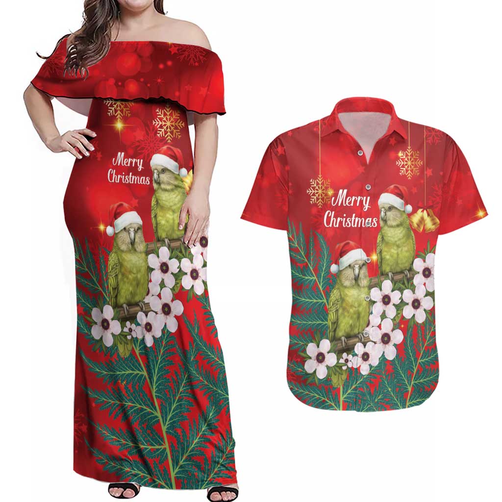 New Zealand Kakapo Christmas Couples Matching Off Shoulder Maxi Dress and Hawaiian Shirt Owl Parrot Santa Sliver Fern Manuka - Red - Polynesian Pride