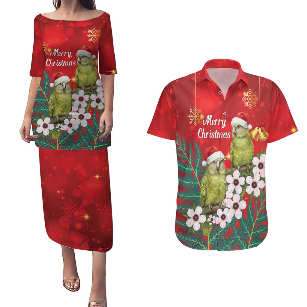 New Zealand Kakapo Christmas Couples Matching Puletasi and Hawaiian Shirt Owl Parrot Santa Sliver Fern Manuka - Red - Polynesian Pride