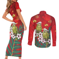 New Zealand Kakapo Christmas Couples Matching Short Sleeve Bodycon Dress and Long Sleeve Button Shirt Owl Parrot Santa Sliver Fern Manuka - Red - Polynesian Pride