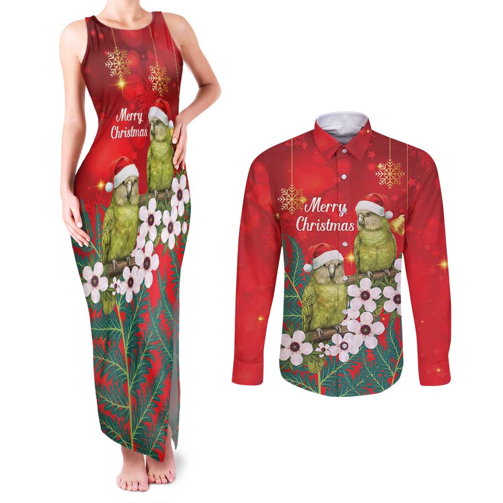 New Zealand Kakapo Christmas Couples Matching Tank Maxi Dress and Long Sleeve Button Shirt Owl Parrot Santa Sliver Fern Manuka - Red - Polynesian Pride