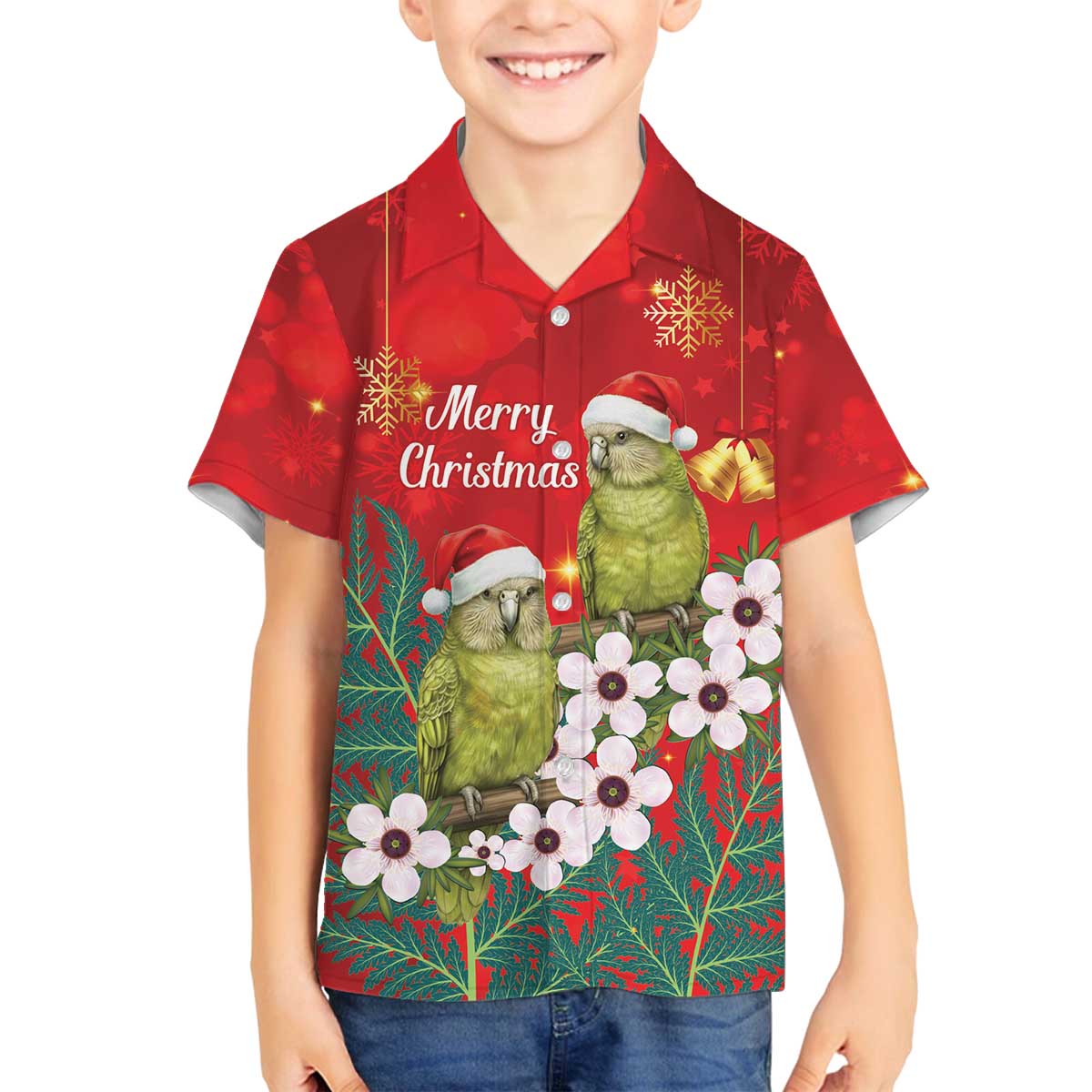 New Zealand Kakapo Christmas Family Matching Off The Shoulder Long Sleeve Dress and Hawaiian Shirt Owl Parrot Santa Sliver Fern Manuka - Red - Polynesian Pride