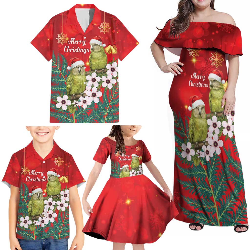 New Zealand Kakapo Christmas Family Matching Off Shoulder Maxi Dress and Hawaiian Shirt Owl Parrot Santa Sliver Fern Manuka - Red - Polynesian Pride