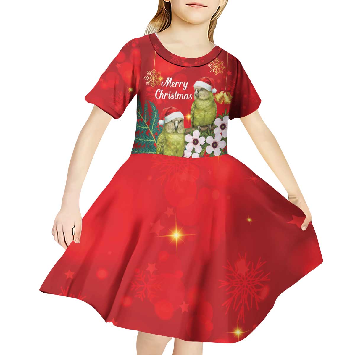 New Zealand Kakapo Christmas Kid Short Sleeve Dress Owl Parrot Santa Sliver Fern Manuka - Red - Polynesian Pride