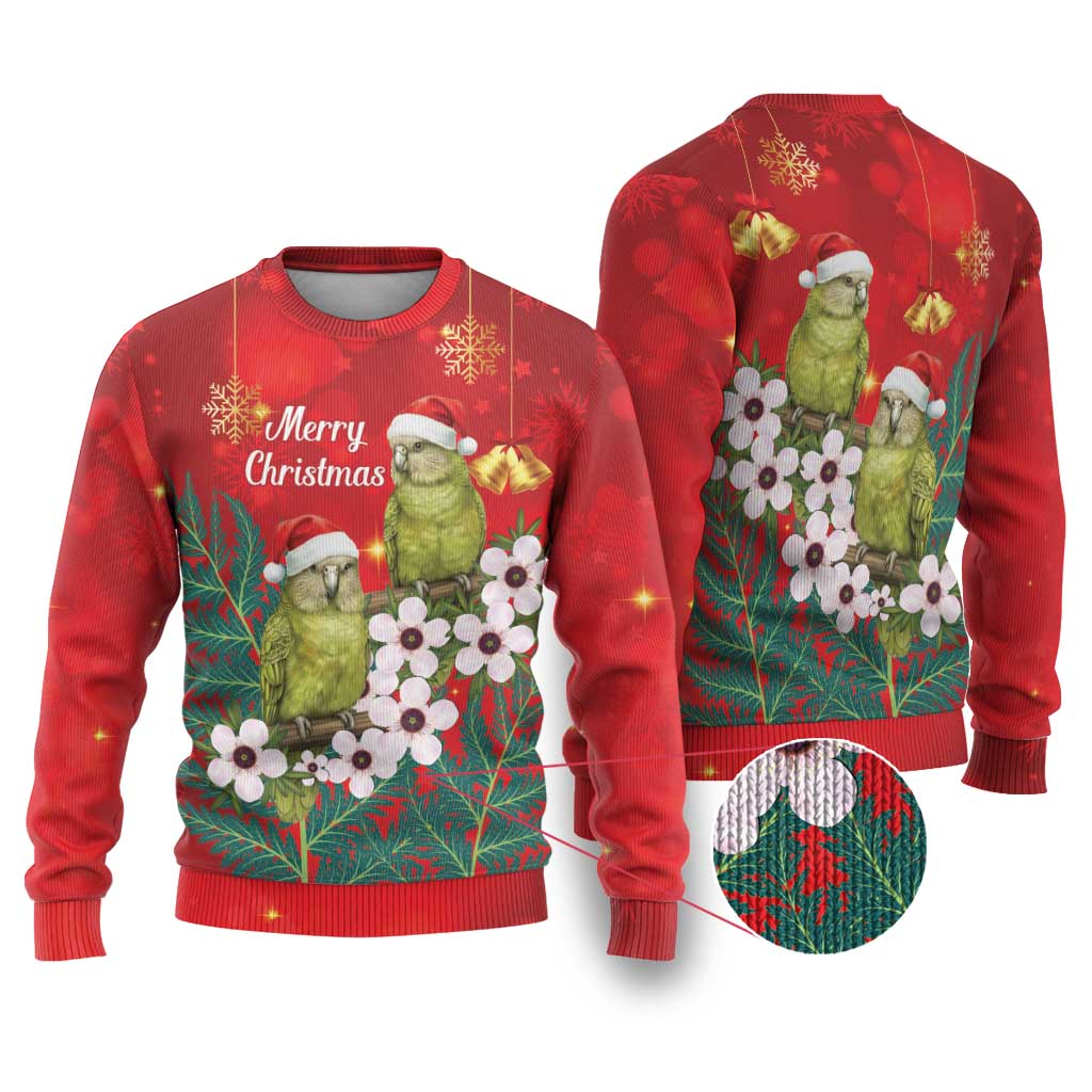 New Zealand Kakapo Christmas Ugly Christmas Sweater Owl Parrot Santa Sliver Fern Manuka - Red - Polynesian Pride