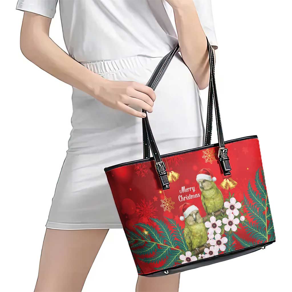 New Zealand Kakapo Christmas Leather Tote Bag Owl Parrot Santa Sliver Fern Manuka - Red - Polynesian Pride
