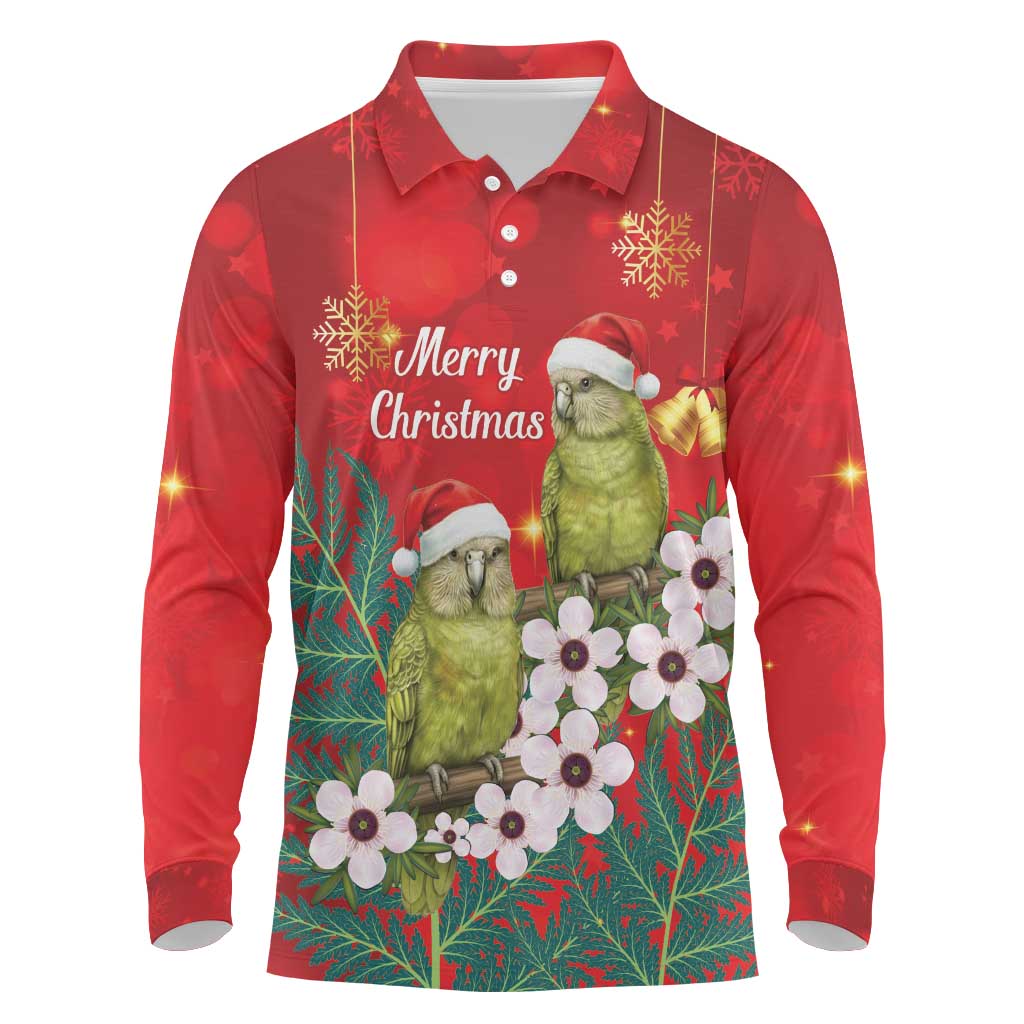 New Zealand Kakapo Christmas Long Sleeve Polo Shirt Owl Parrot Santa Sliver Fern Manuka - Red - Polynesian Pride