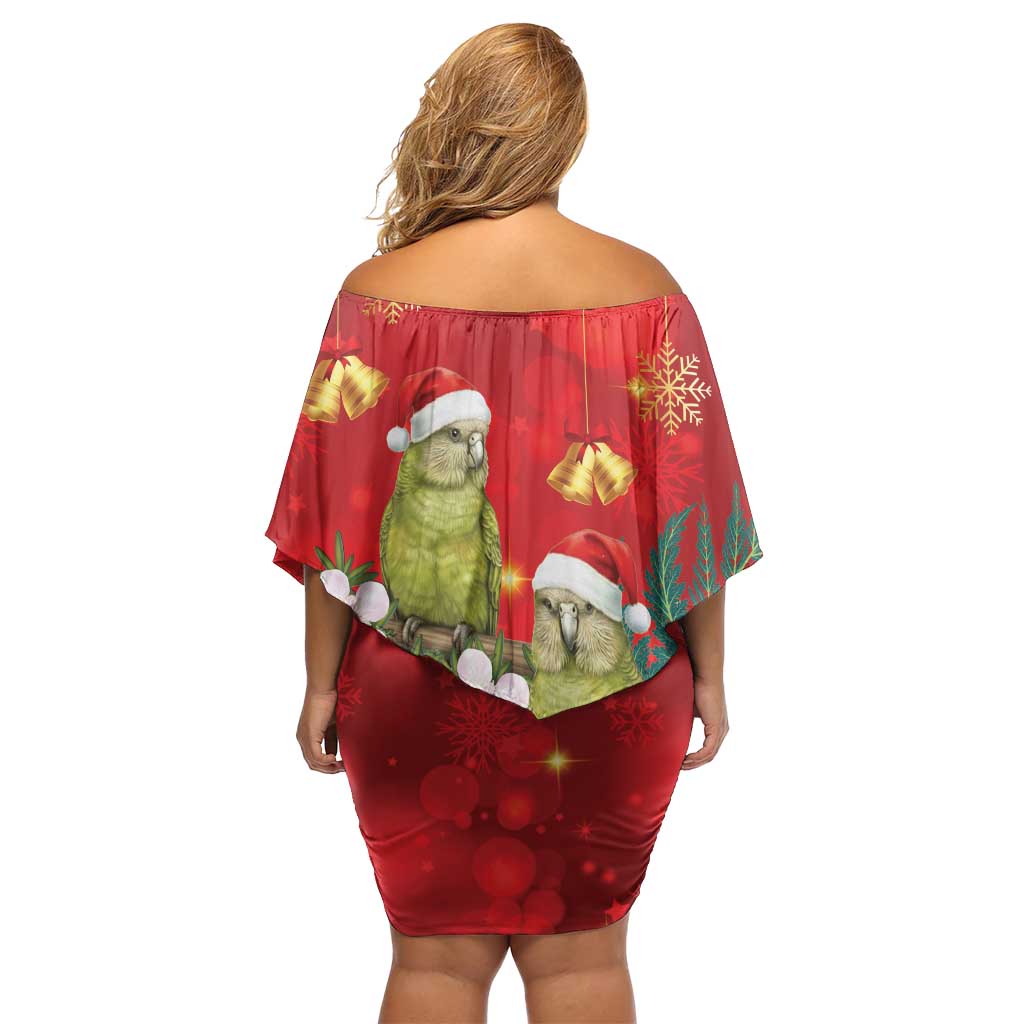 New Zealand Kakapo Christmas Off Shoulder Short Dress Owl Parrot Santa Sliver Fern Manuka - Red - Polynesian Pride