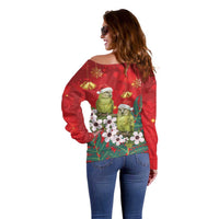 New Zealand Kakapo Christmas Off Shoulder Sweater Owl Parrot Santa Sliver Fern Manuka - Red - Polynesian Pride