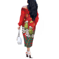 New Zealand Kakapo Christmas Off The Shoulder Long Sleeve Dress Owl Parrot Santa Sliver Fern Manuka - Red - Polynesian Pride