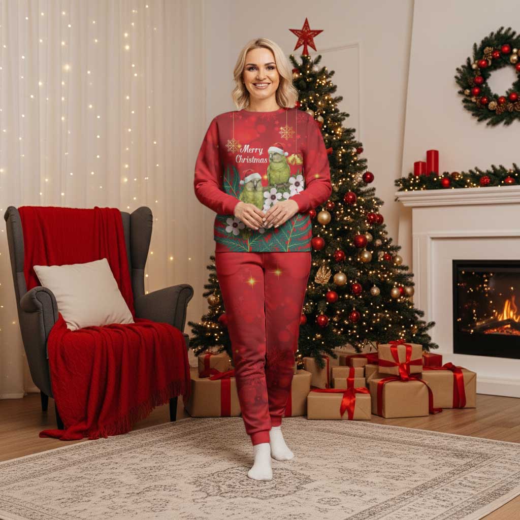 New Zealand Kakapo Christmas Pajama Set Owl Parrot Santa Sliver Fern Manuka - Red - Polynesian Pride