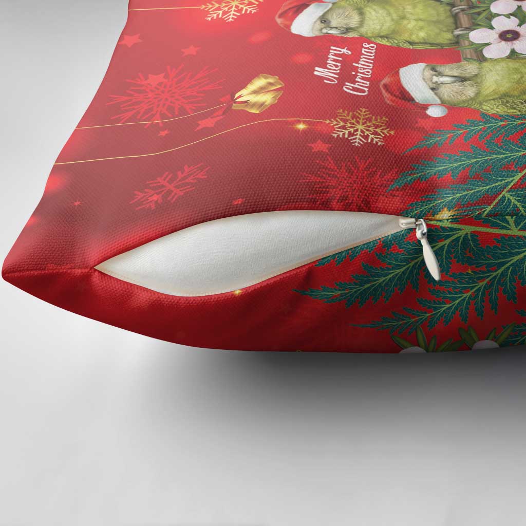 New Zealand Kakapo Christmas Pillow Cover Owl Parrot Santa Sliver Fern Manuka - Red - Polynesian Pride