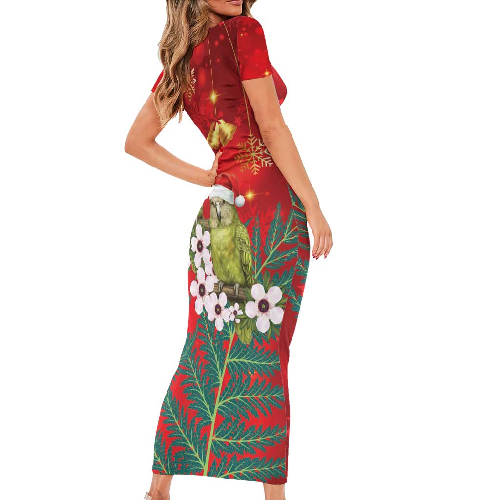 New Zealand Kakapo Christmas Short Sleeve Bodycon Dress Owl Parrot Santa Sliver Fern Manuka - Red - Polynesian Pride