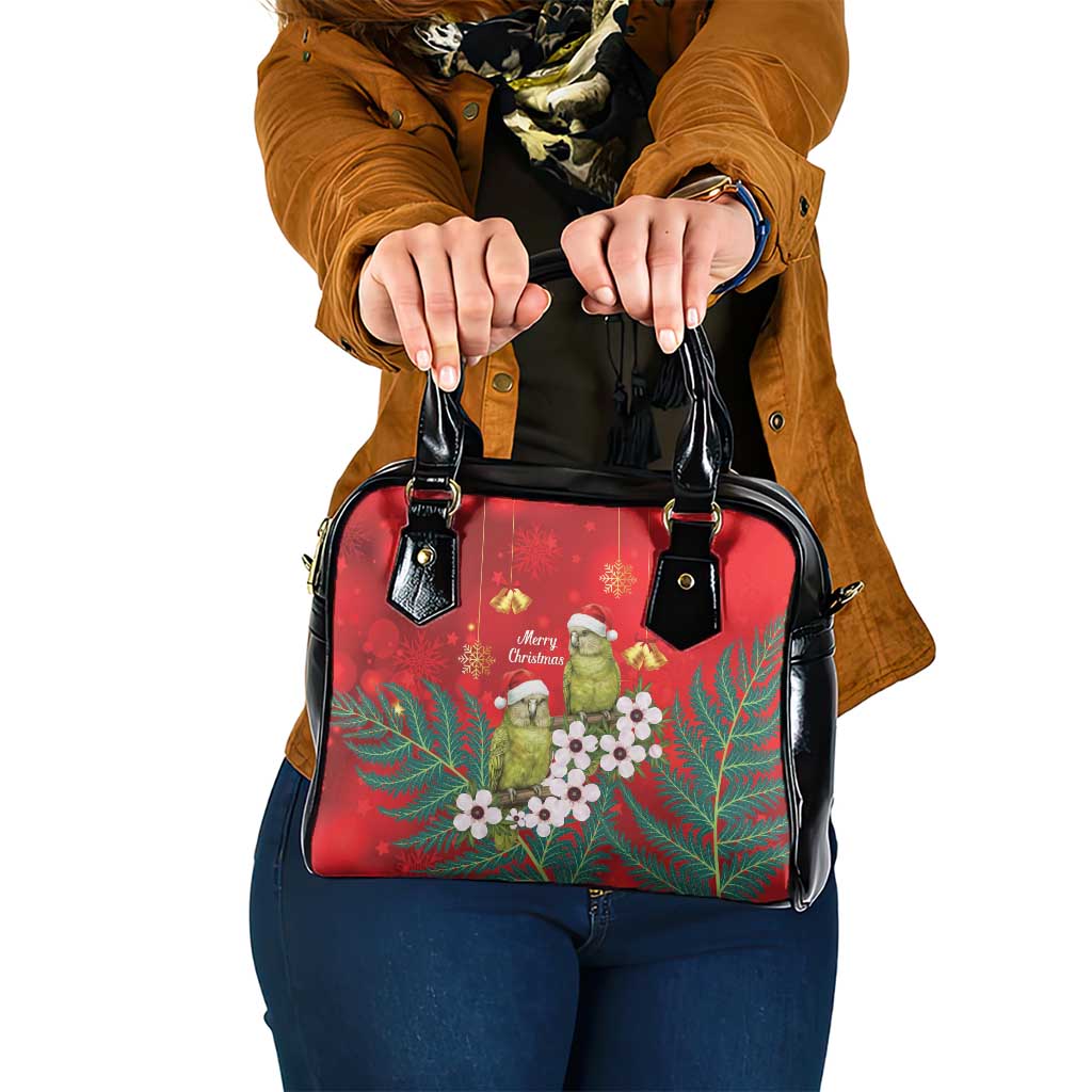 New Zealand Kakapo Christmas Shoulder Handbag Owl Parrot Santa Sliver Fern Manuka - Red - Polynesian Pride