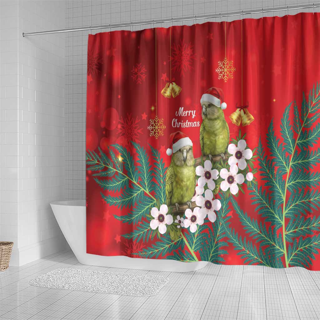 New Zealand Kakapo Christmas Shower Curtain Owl Parrot Santa Sliver Fern Manuka - Red - Polynesian Pride
