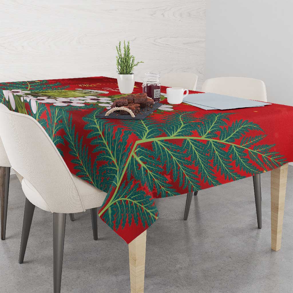 New Zealand Kakapo Christmas Tablecloth Owl Parrot Santa Sliver Fern Manuka - Red - Polynesian Pride