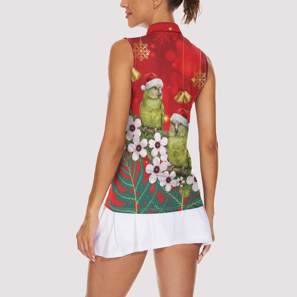 New Zealand Kakapo Christmas Women Sleeveless Polo Shirt Owl Parrot Santa Sliver Fern Manuka - Red - Polynesian Pride