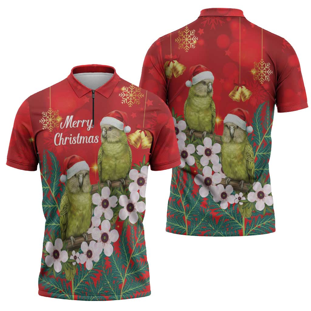 New Zealand Kakapo Christmas Zipper Polo Shirt Owl Parrot Santa Sliver Fern Manuka - Red - Polynesian Pride