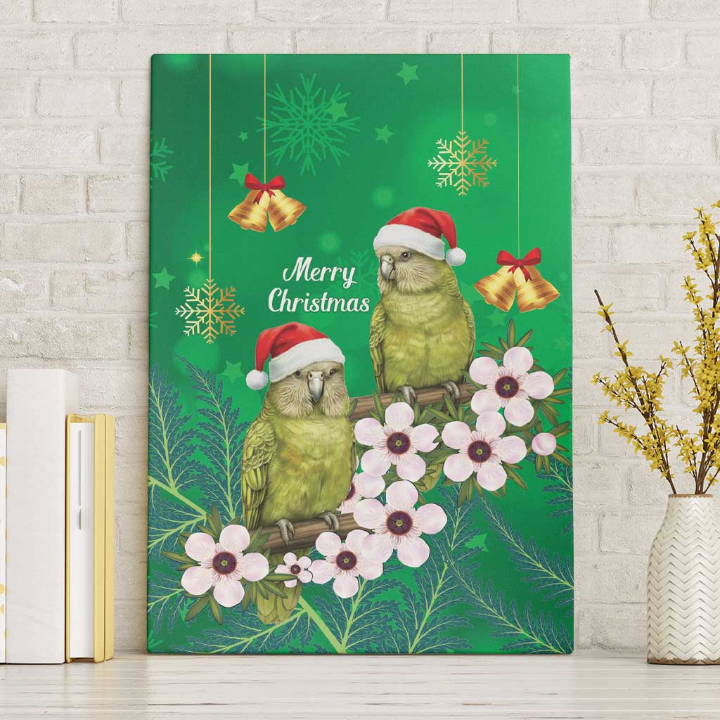 New Zealand Kakapo Christmas Canvas Wall Art Owl Parrot Santa Sliver Fern Manuka - Green - Polynesian Pride