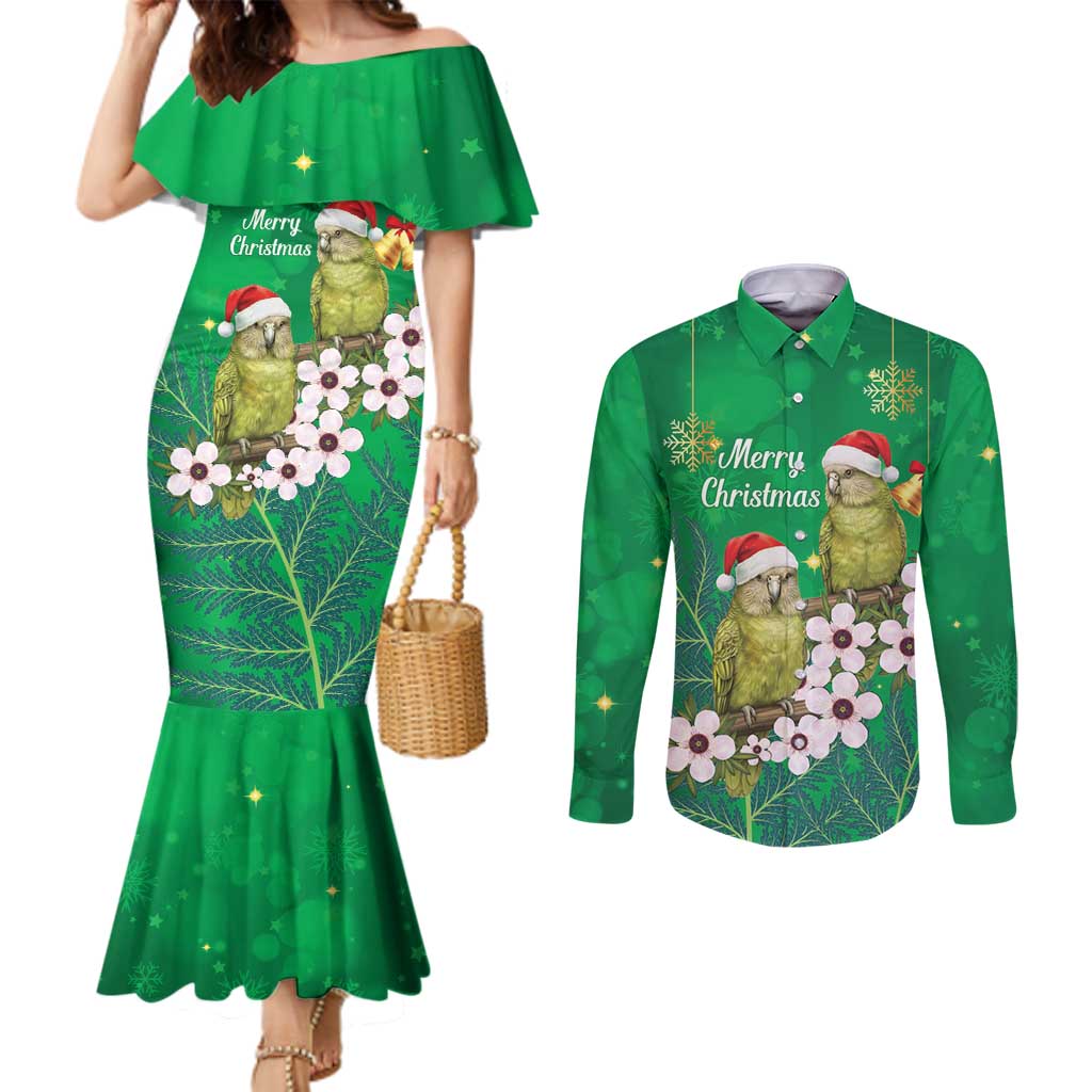 New Zealand Kakapo Christmas Couples Matching Mermaid Dress and Long Sleeve Button Shirt Owl Parrot Santa Sliver Fern Manuka - Green - Polynesian Pride