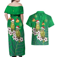 New Zealand Kakapo Christmas Couples Matching Off Shoulder Maxi Dress and Hawaiian Shirt Owl Parrot Santa Sliver Fern Manuka - Green - Polynesian Pride