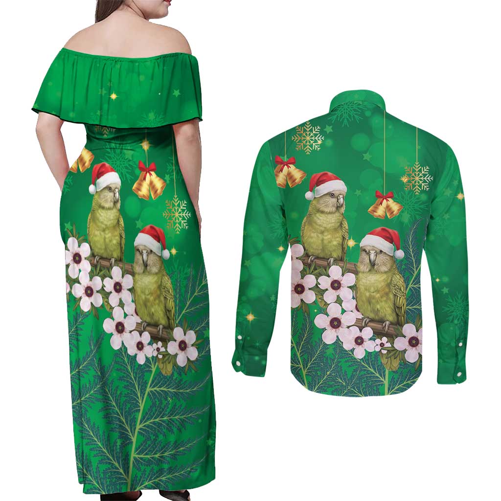 New Zealand Kakapo Christmas Couples Matching Off Shoulder Maxi Dress and Long Sleeve Button Shirt Owl Parrot Santa Sliver Fern Manuka - Green - Polynesian Pride