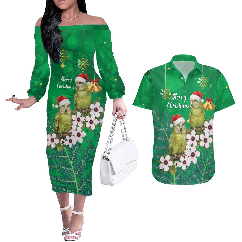 New Zealand Kakapo Christmas Couples Matching Off The Shoulder Long Sleeve Dress and Hawaiian Shirt Owl Parrot Santa Sliver Fern Manuka - Green - Polynesian Pride