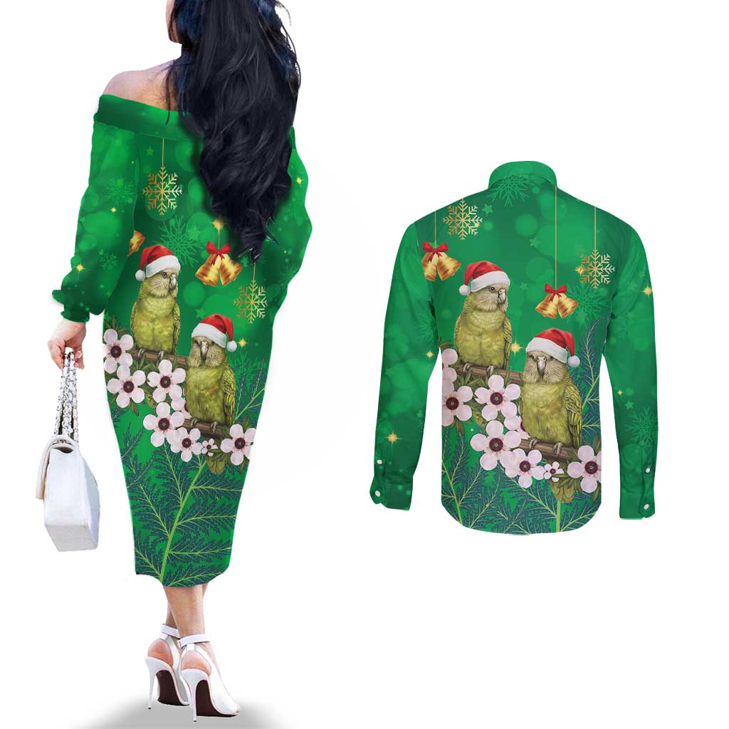 New Zealand Kakapo Christmas Couples Matching Off The Shoulder Long Sleeve Dress and Long Sleeve Button Shirt Owl Parrot Santa Sliver Fern Manuka - Green - Polynesian Pride