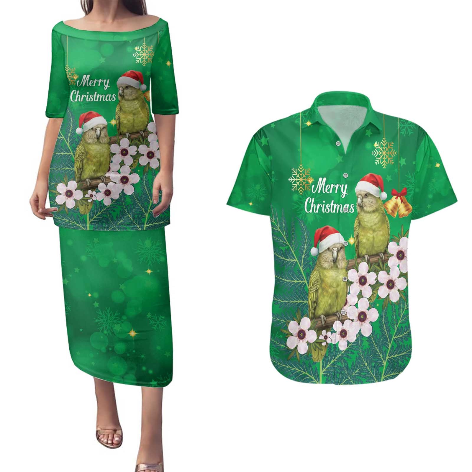 New Zealand Kakapo Christmas Couples Matching Puletasi and Hawaiian Shirt Owl Parrot Santa Sliver Fern Manuka - Green - Polynesian Pride