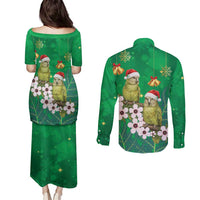 New Zealand Kakapo Christmas Couples Matching Puletasi and Long Sleeve Button Shirt Owl Parrot Santa Sliver Fern Manuka - Green - Polynesian Pride