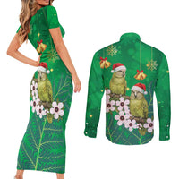 New Zealand Kakapo Christmas Couples Matching Short Sleeve Bodycon Dress and Long Sleeve Button Shirt Owl Parrot Santa Sliver Fern Manuka - Green - Polynesian Pride
