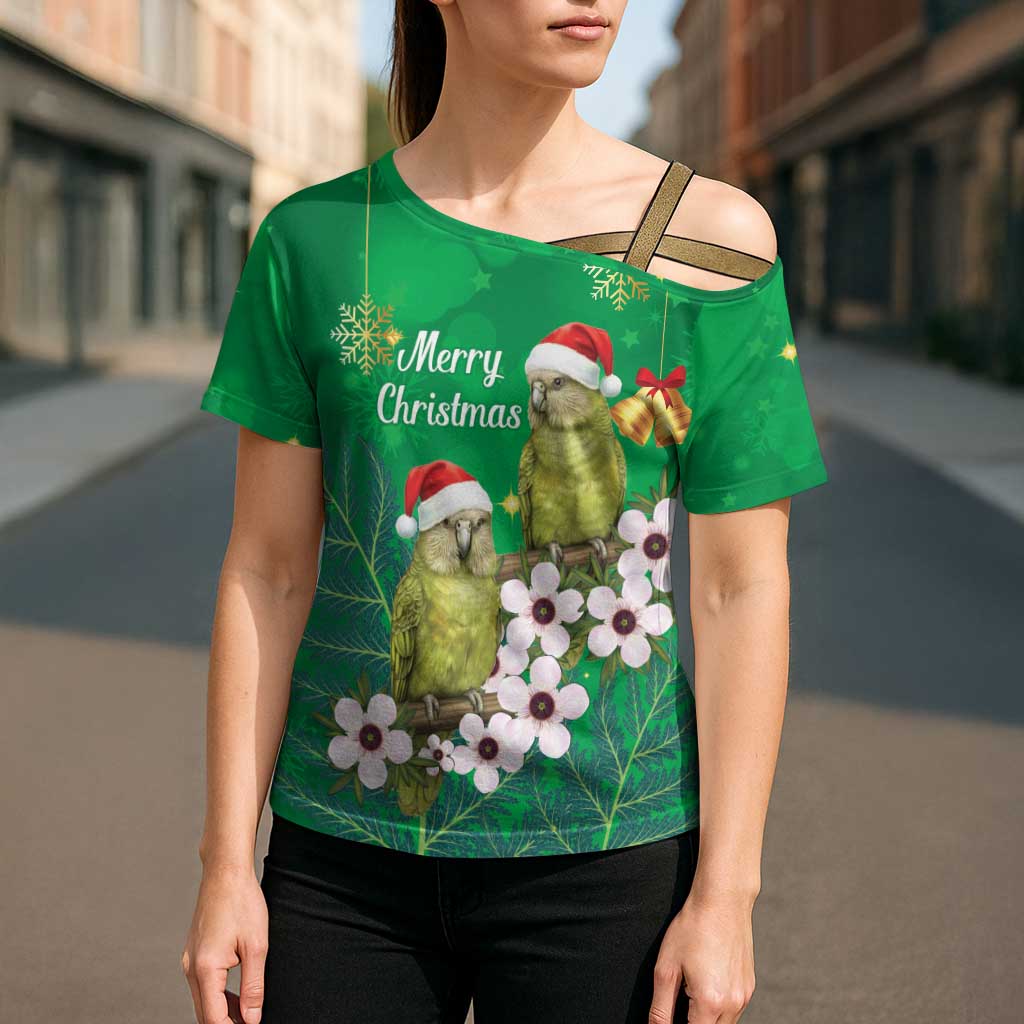 New Zealand Kakapo Christmas Cross Shoulder Shirt Owl Parrot Santa Sliver Fern Manuka - Green - Polynesian Pride