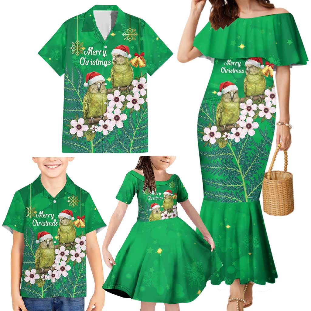 New Zealand Kakapo Christmas Family Matching Mermaid Dress and Hawaiian Shirt Owl Parrot Santa Sliver Fern Manuka - Green - Polynesian Pride
