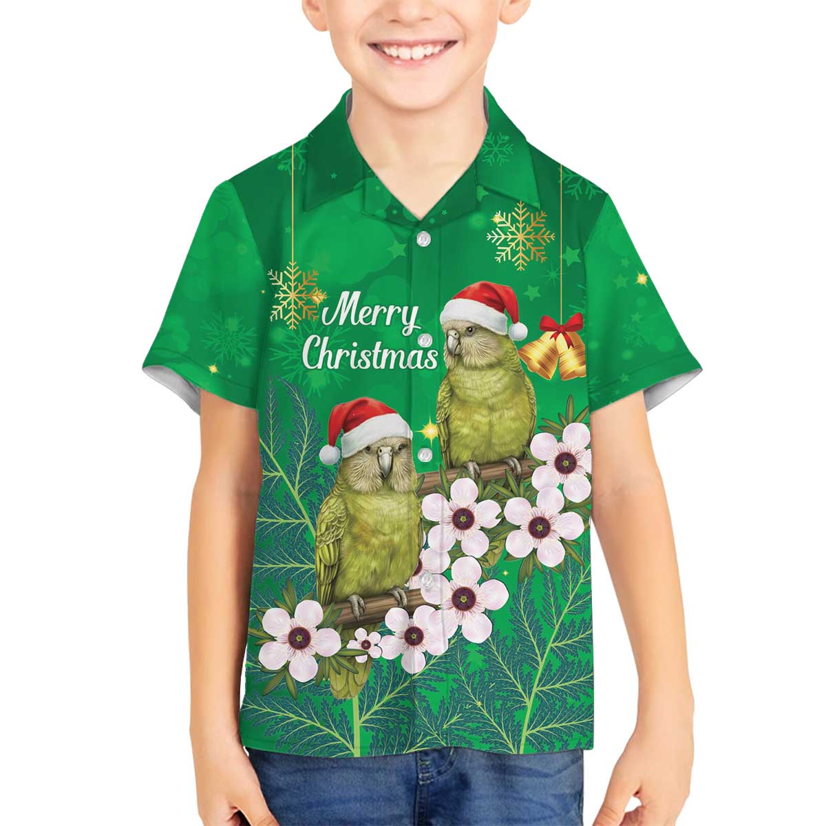 New Zealand Kakapo Christmas Family Matching Off The Shoulder Long Sleeve Dress and Hawaiian Shirt Owl Parrot Santa Sliver Fern Manuka - Green - Polynesian Pride