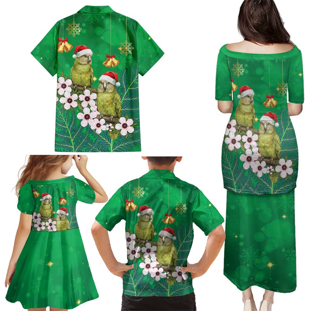 New Zealand Kakapo Christmas Family Matching Puletasi and Hawaiian Shirt Owl Parrot Santa Sliver Fern Manuka - Green - Polynesian Pride