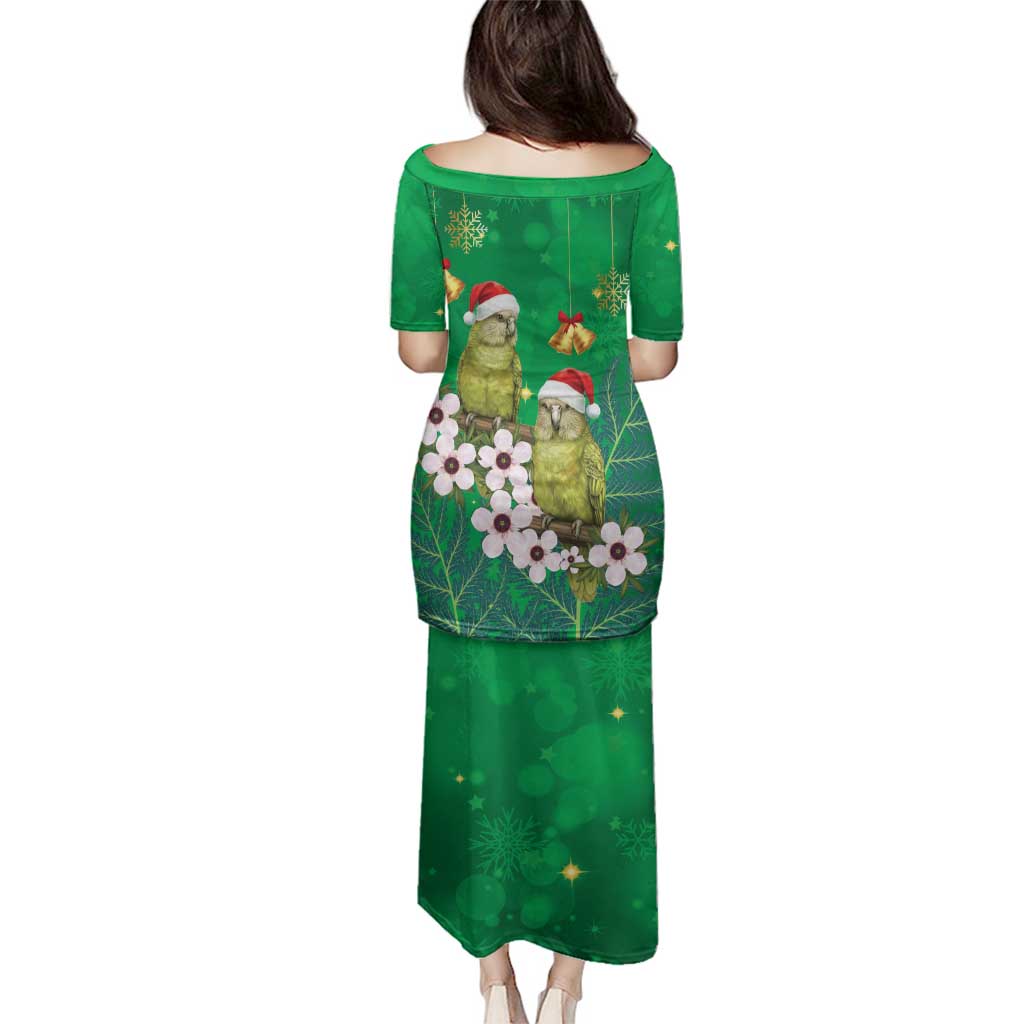 New Zealand Kakapo Christmas Family Matching Puletasi and Hawaiian Shirt Owl Parrot Santa Sliver Fern Manuka - Green - Polynesian Pride