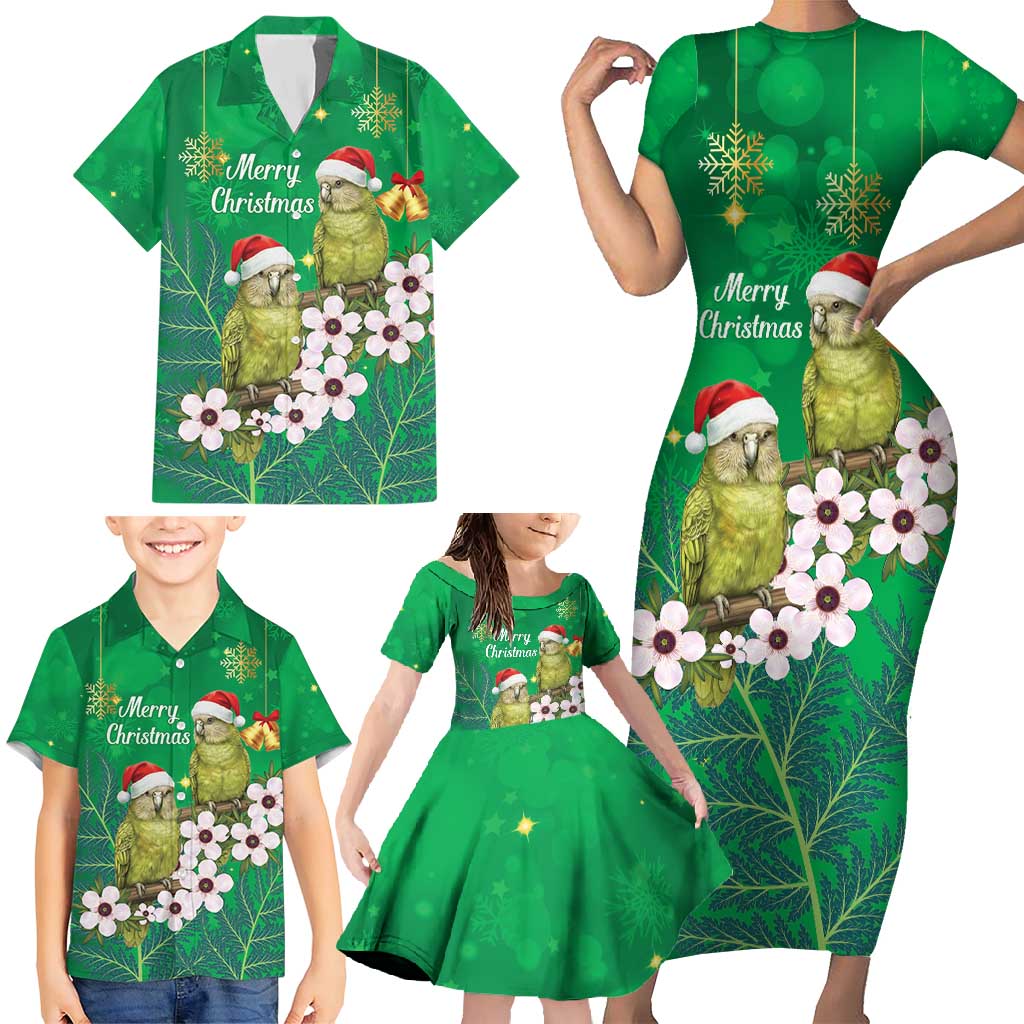 New Zealand Kakapo Christmas Family Matching Short Sleeve Bodycon Dress and Hawaiian Shirt Owl Parrot Santa Sliver Fern Manuka - Green - Polynesian Pride