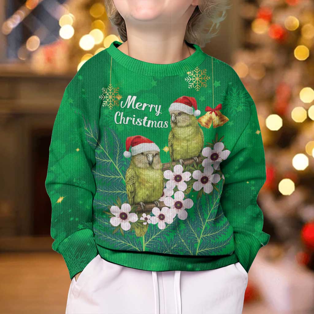 New Zealand Kakapo Christmas Kid Ugly Christmas Sweater Owl Parrot Santa Sliver Fern Manuka - Green - Polynesian Pride