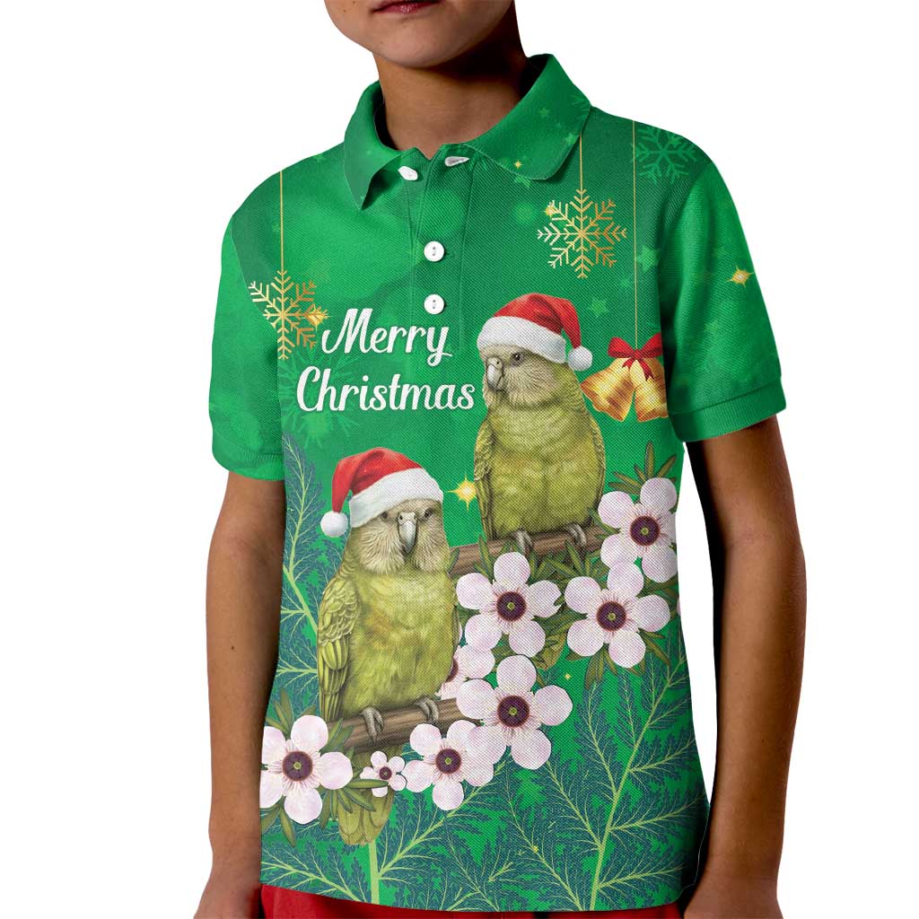 New Zealand Kakapo Christmas Kid Polo Shirt Owl Parrot Santa Sliver Fern Manuka - Green - Polynesian Pride